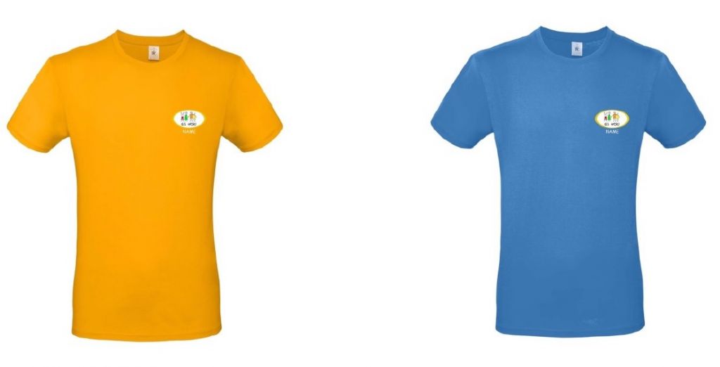 gelbes und blaues T-Shirt mit dem Logo der Schule